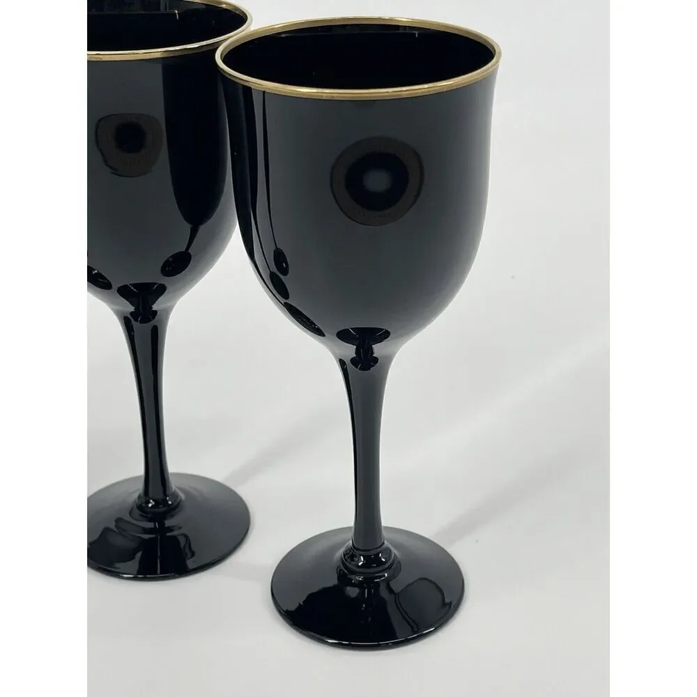 4 Vintage Noritake REMEMBRANCE EBONY Wine Glasses Goblets 7” Black W/ Gold Rim